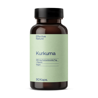 Effective Nature Kurkuma Kapseln, braunes Glasfläschchen, hellgrünes Etikett, 380 mg Curcuminoide, Piperin, vegan, 90 Kaps.