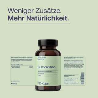 Effective Nature Sulforaphan 120 Kapseln, braune Glasflasche, grünes Etikett, 100 mg/Tag, vegan, aus Brokkoliblütenextrakt